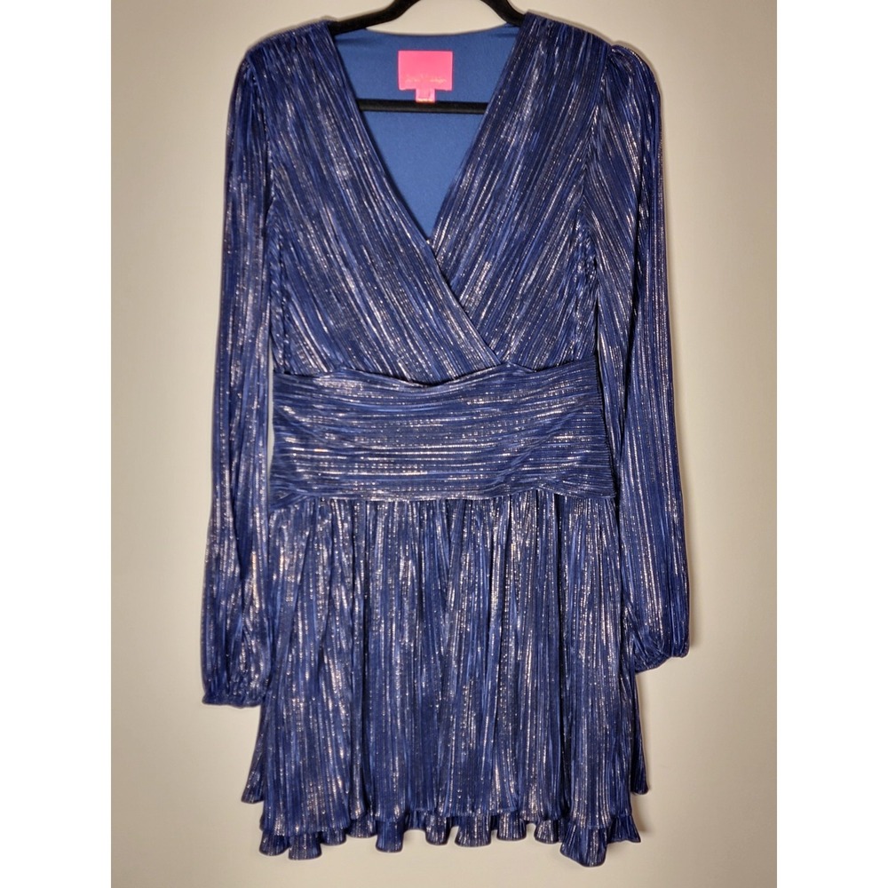 Lilly Pulitzer Women's Sz 4 Blue Metallic Shimmer Pleated Long Sleeve Wrap Dress